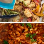 Two images, one showing nutritional yeast being poured onto the sheet pan and the other is a big pot of pasta with beans blended into it.