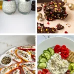 A collage of four anti-inflammatory snacks: chia pudding, dark chocolate bark, stuffed peppers, and a cottage cheese plate.