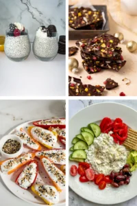 A collage of four anti-inflammatory snacks: chia pudding, dark chocolate bark, stuffed peppers, and a cottage cheese plate.