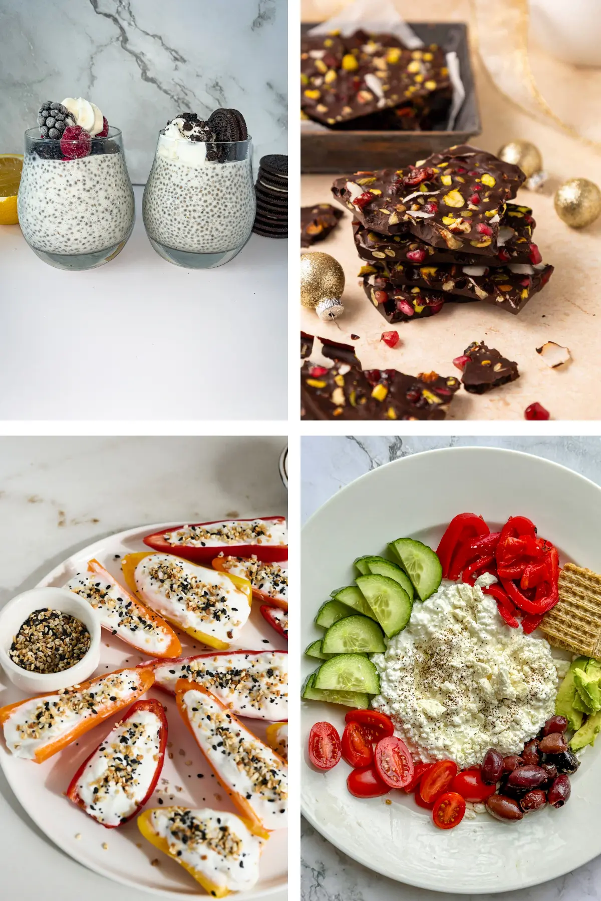 A collage of four anti-inflammatory snacks: chia pudding, dark chocolate bark, stuffed peppers, and a cottage cheese plate.