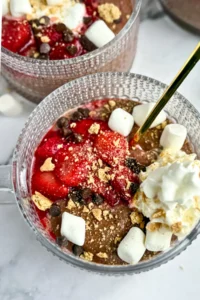 A birds-eye view of a fully assembled blended chia pudding topped with strawberries, marshmallow cream, mini marshmallows and chocolate chips in a glass bowl with a gold spoon in it.