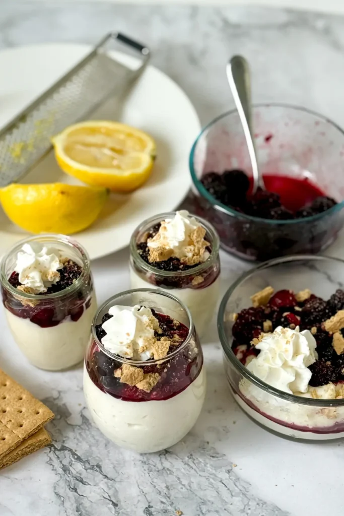 All the toppings added to the protein whip glasses on a counter next to lemon halves and a bowl of berries.