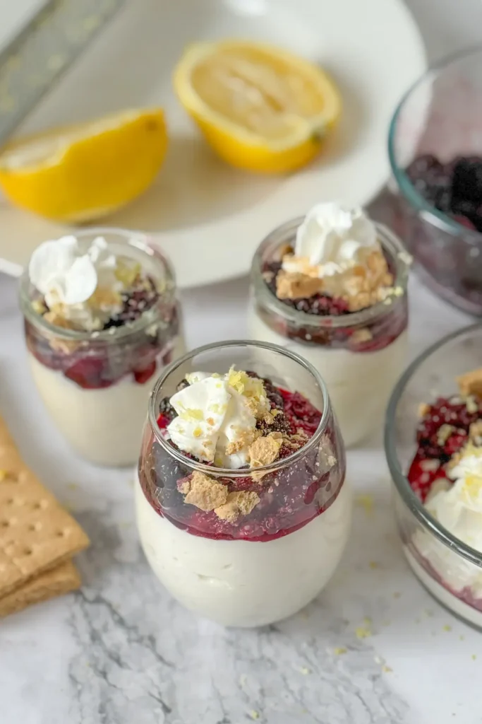 Three glasses of cottage cheese lemon protein whip topped with whipped cream and berries next to graham crackers and a lemon half on a counter.