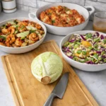 A wooden cutting board and a knife on a counter next to three dishes with cabbage in it.
