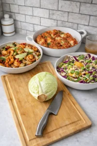 A wooden cutting board and a knife on a counter next to three dishes with cabbage in it.