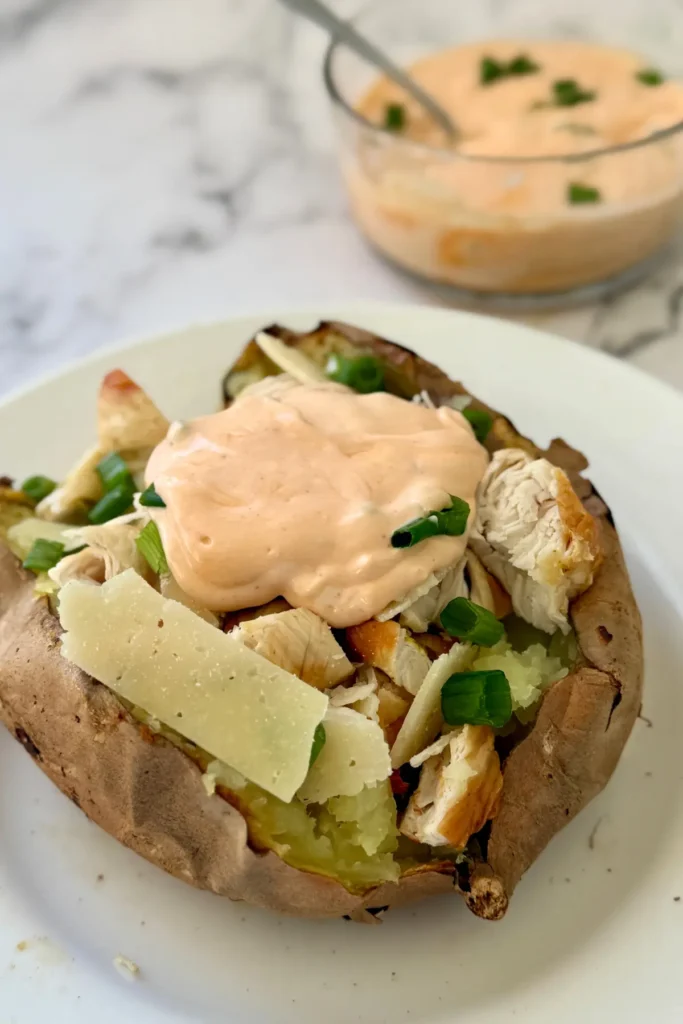 A loaded sweet potato with chicken, parmesan, chives, and the buffalo yogurt sauce.