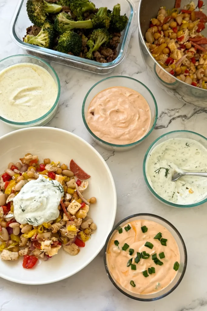 A dense bean salad with yogurt ranch on it next to a bowl of chipotle yogurt and some other meals.
