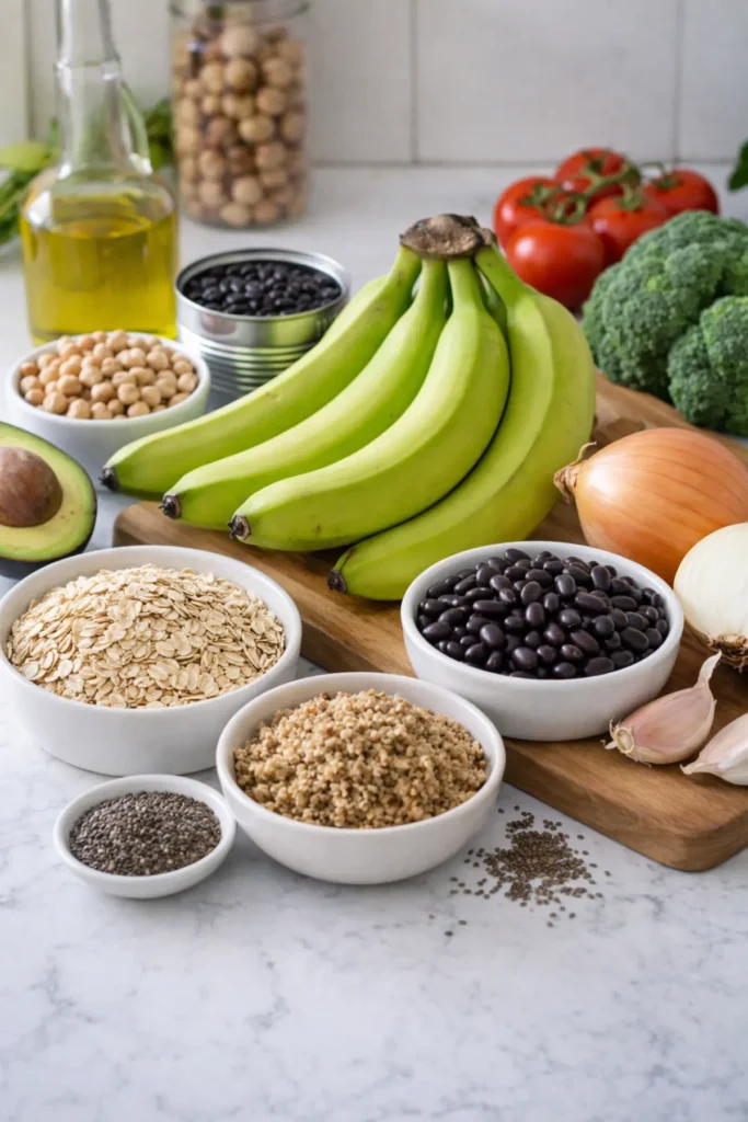 Green bananas, a bowl of oats, and other prebiotic fiber foods on a bright white kitchen counter. 