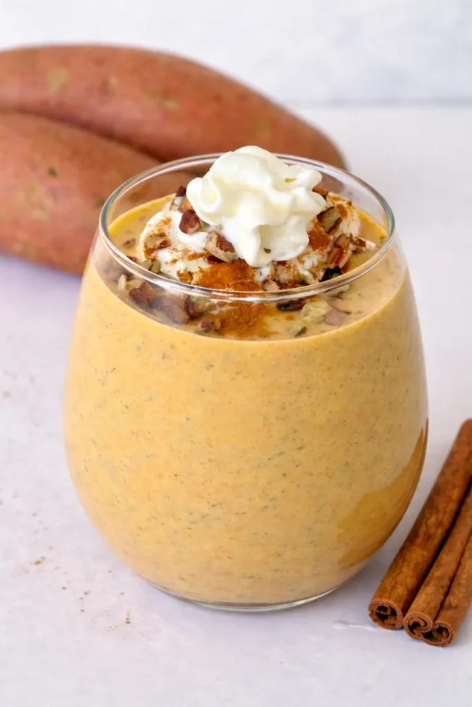 A sweet potato pie smoothie topped with whipped cream, cinnamon and pecans on a counter next to sweet potatoes.