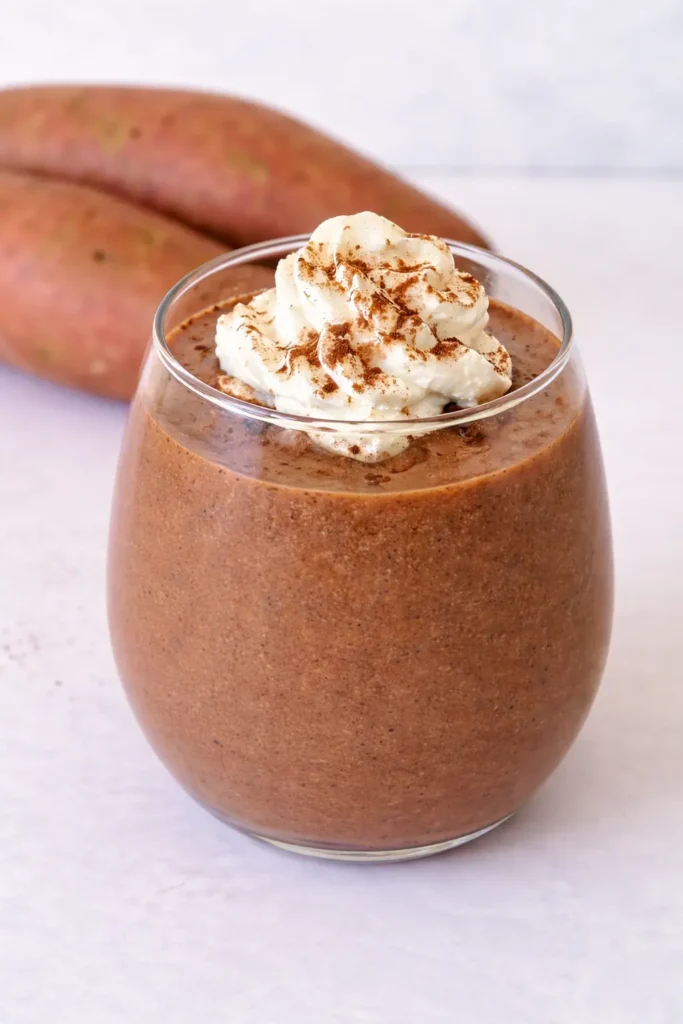 A chocolate sweet potato smoothie topped with whipped cream and cacao powder.