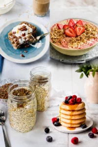 A collage of four different dessert breakfasts: carrot cake baked oatmeal, an ice cream smoothie bowl, maple pecan overnight oats and a stack of pancakes.