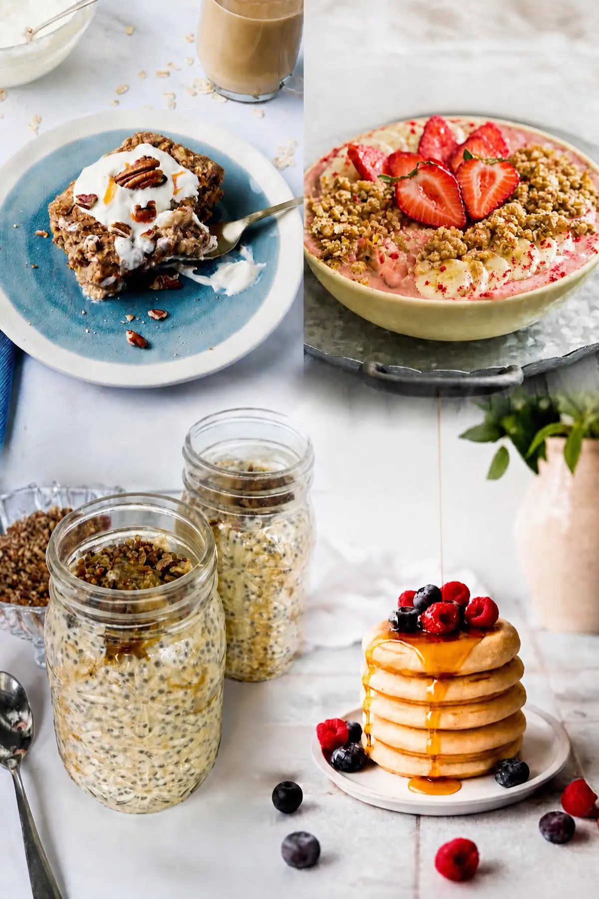 A collage of four different dessert breakfasts: carrot cake baked oatmeal, an ice cream smoothie bowl, maple pecan overnight oats and a stack of pancakes.