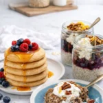 Whole wheat pancakes wiht protein powder stacked on a plate next to carrot cake baked oatmeal and dessert overnight oats on a bright white counter in the kitchen.