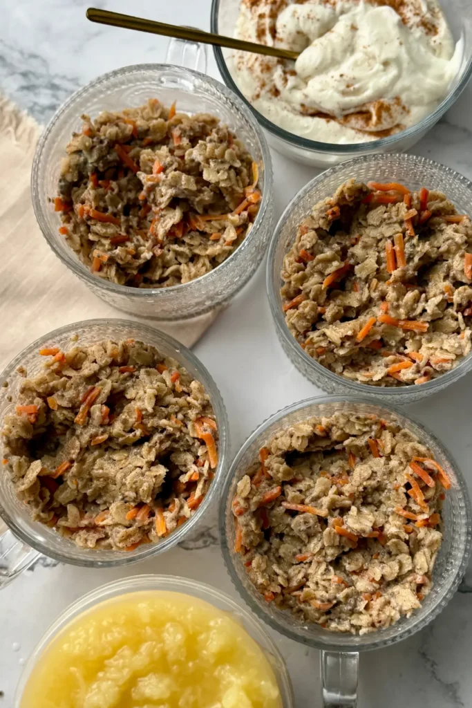 A birds-eye view of the four oatmeal bowls next to a bowl of crushed pineapple and a bowl of the Greek yogurt frosting, before toppings were added.