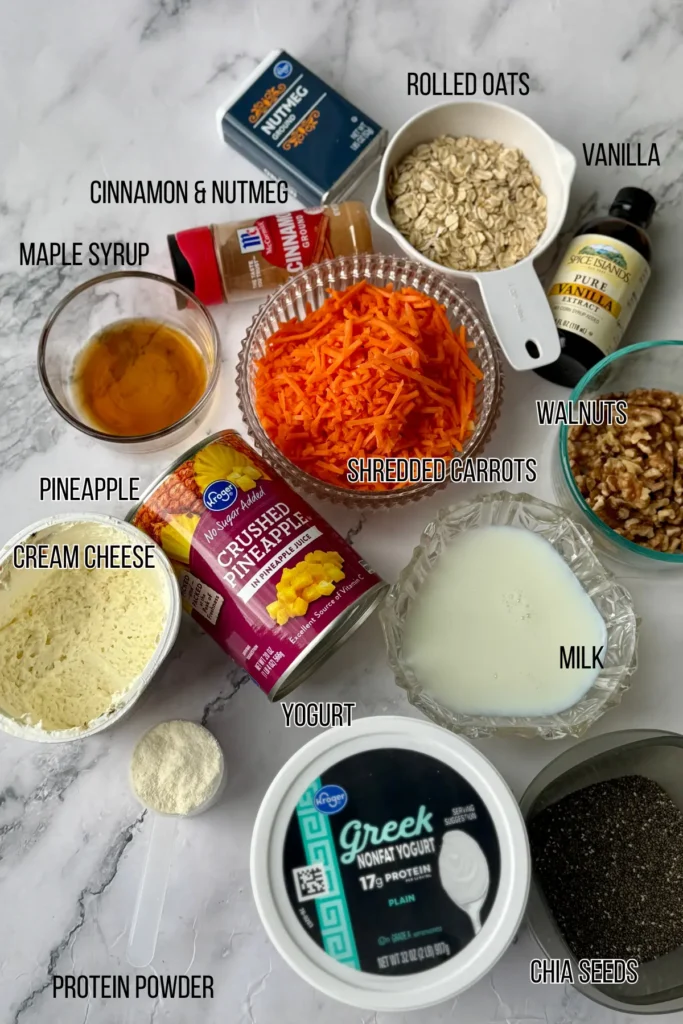 All of the ingredients for the carrot cake oatmeal on a counter.