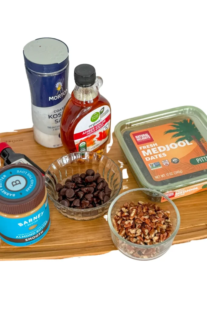The ingredients for the maple pecan date bars on a counter.