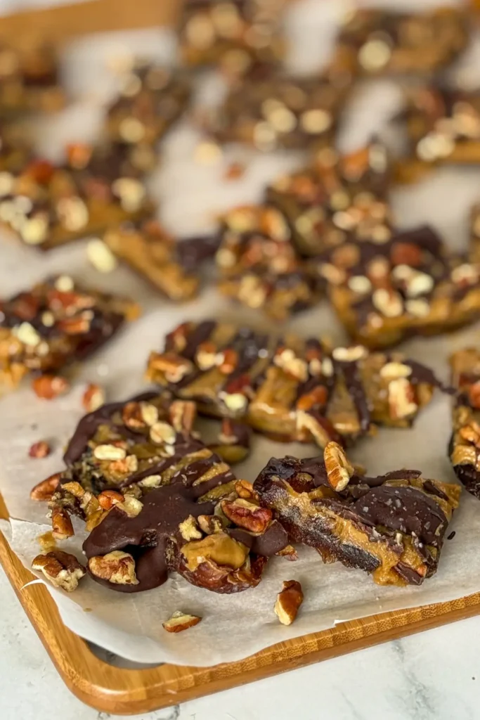 Maple pecan date bars sliced and spread out on a cutting board.