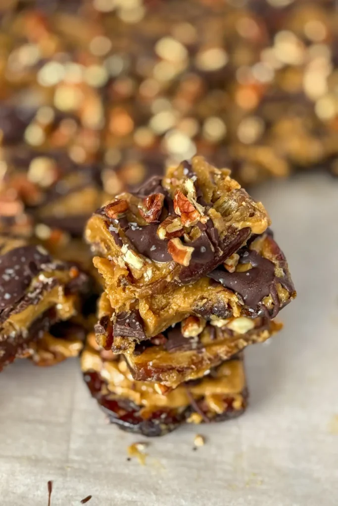 Smashed dates topped with nut butter, dark chocolate and pecans stacked on topo of one another on parchment paper. 