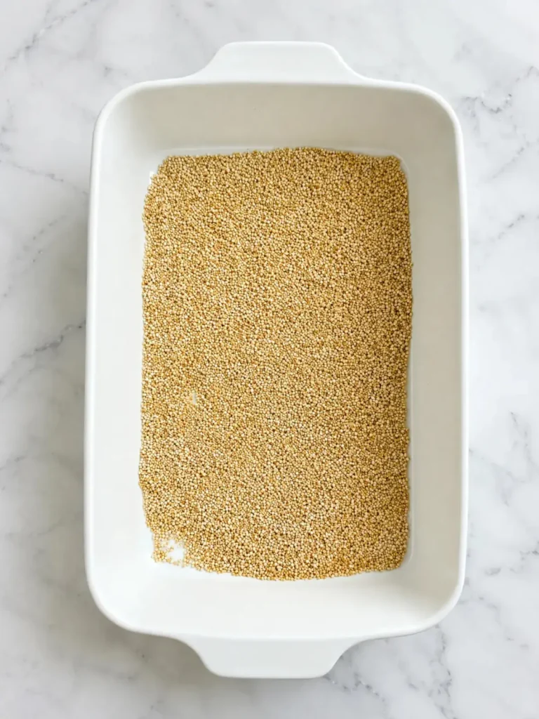 A white casserole dish with uncooked quinoa.