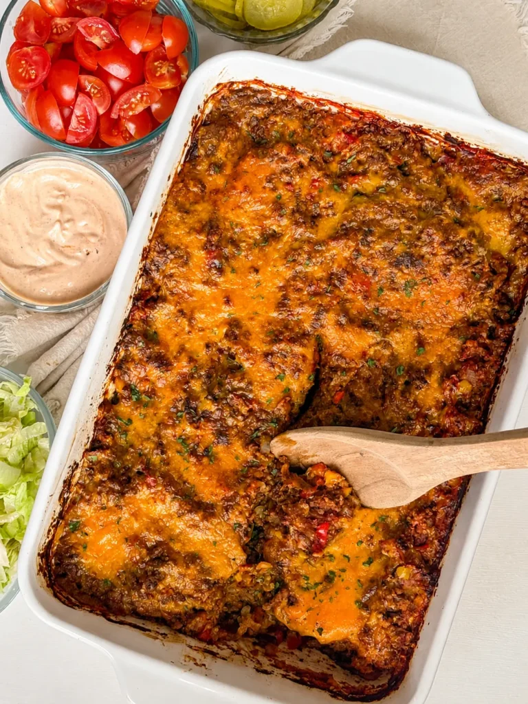 A birds-eye view of a fully cooked cheeseburger casserole