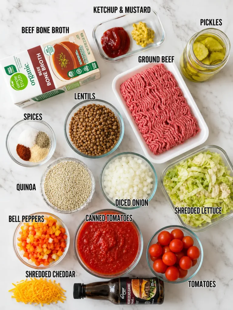 Ingredients for the cheeseburger lentil casserole on a counter.