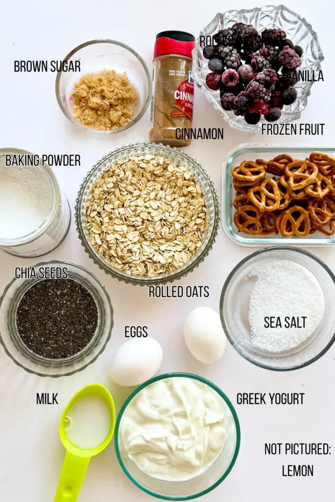 Individually portioned ingredients for the healthy fruit cobbler.