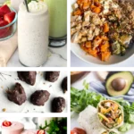 A collage of healthy but high calorie meals and snacks like smoothies, a harvest bowl with tahini, chocolate covered dates, protein fluff and a chicken salad wrap.