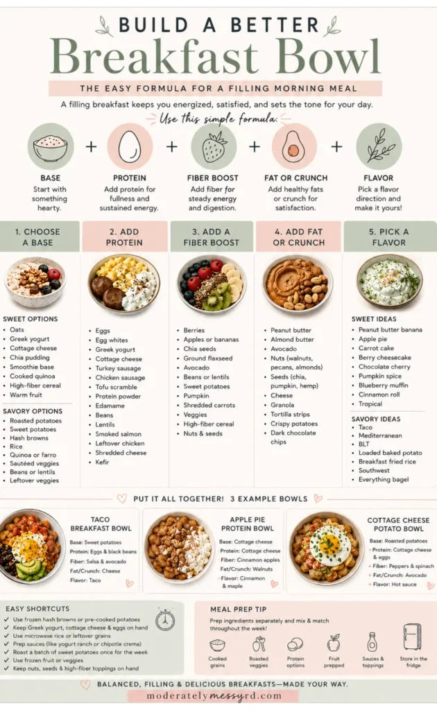 An infographic detailing how to build a healthy well-balanced and breakfast bowl.