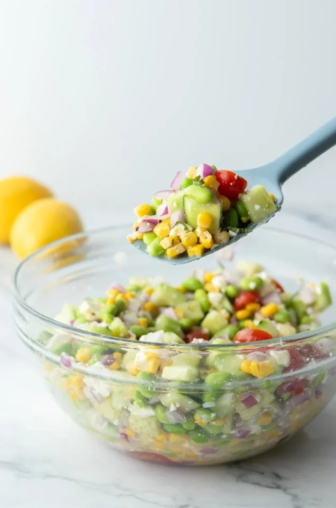 A spoonful of corn and edamame salad over a big bowl of it on a counter. 