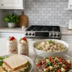 Chicken salad sandwiches, overnight oats, a big bowl of chicken and lentil salads on an island in a kitchen.