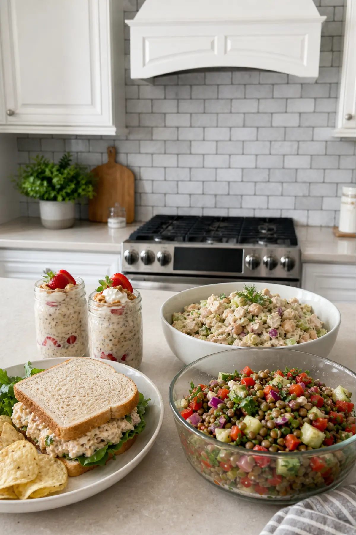 Chicken salad sandwiches, overnight oats, a big bowl of chicken and lentil salads on an island in a kitchen.