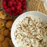 A birds-eye view of the Greek yogurt key lime pie dip in a bowl on a platter surrounded by raspberries, vanilla wafers, graham crackers and pretzels.
