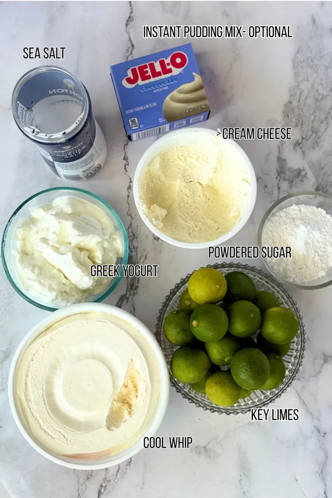 Ingredients for the Greek yogurt key lime pie dip on a counter.