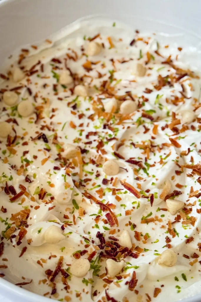 A close-up of hte dip with white chocolate chips and toasted coconut on top.