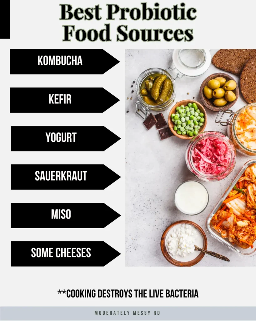 An infographic listing probiotic food sources.