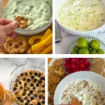 Four sweet and savory Greek yogurt or cottage cheese dips: basil parmesan yogurt dip, Greek yogurt key lime pie dip, a cottage cheese taco dip and a salted caramel dip.