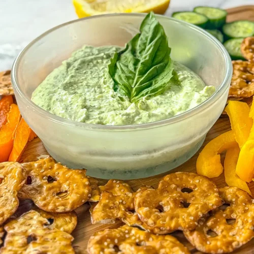 A bowl of parmesan basil Greek yogurt dip garnished with a basil leaf on a wooden cutting board surrounded by pretzels and bell pepper slices.