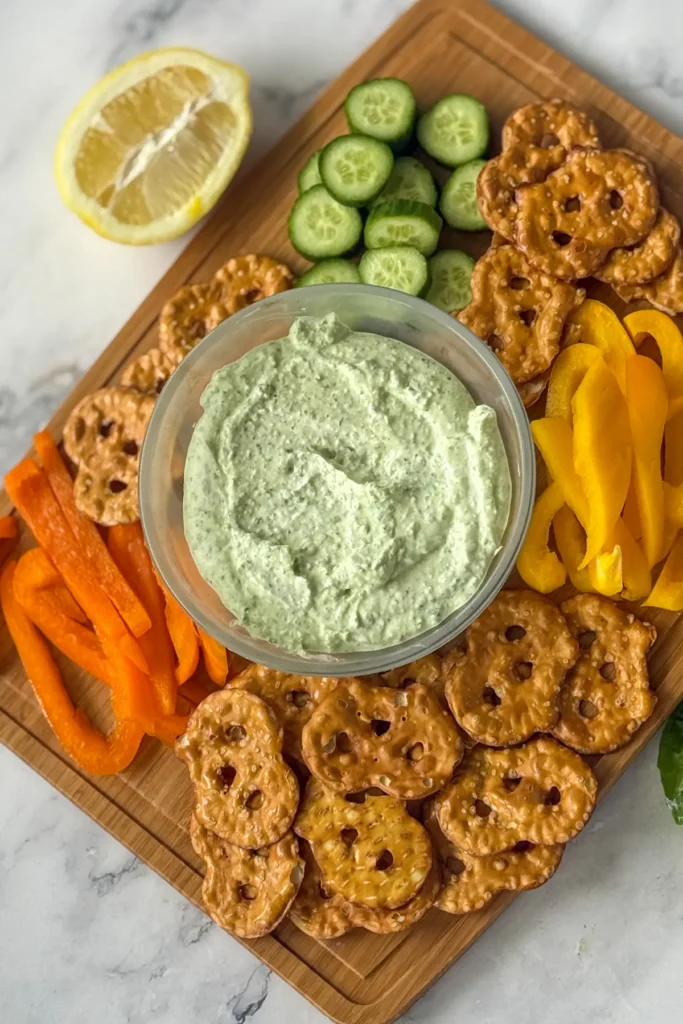 A birds-eye view of a wooden cutting board with parmesan basil dip in the middle surrounded by cucumbers, bell peppers, and pretzel crisps on a counter.