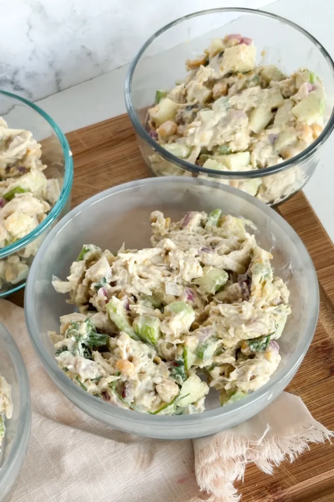The honey mustard chicken salad portioned into meal prep containers.