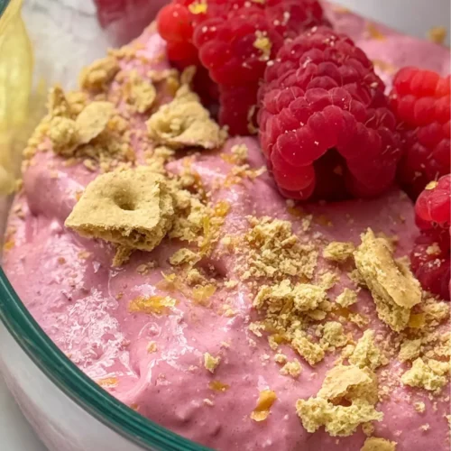 A close-up of a bowl of raspberry frozen protein powder whip topped with raspberries and crushed graham crackers.