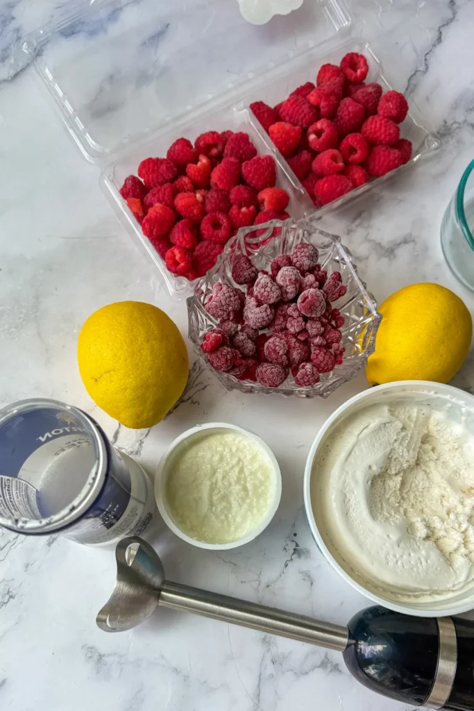 The ingredients for the frozen raspberru and lemon protein whip on a counter next to an immersion blender.