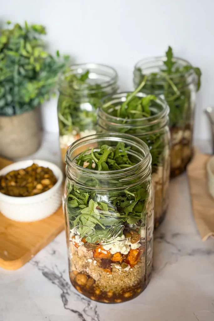 All of the salad jars fully assembled withoud lids on a counter.