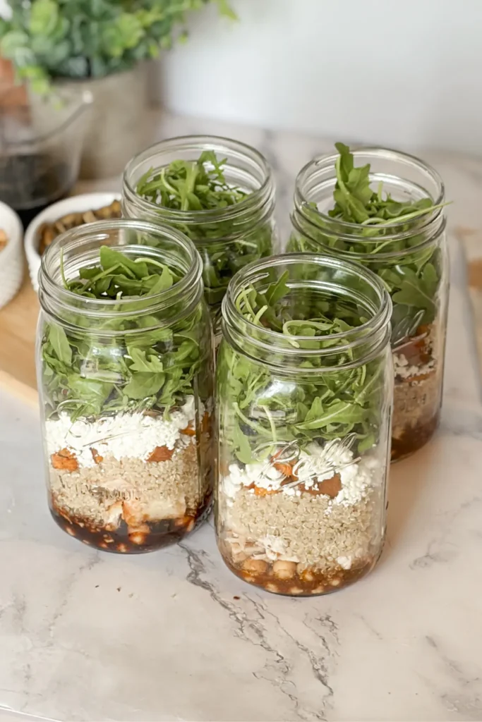 Four fully assembled meal prep salad jars on a counter before the lids are put on them.