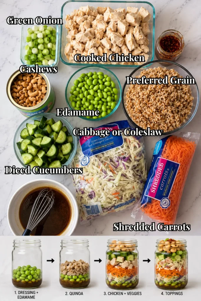The ingredients for the salad jars with an infographic at the bottom of how to assemble the jars.