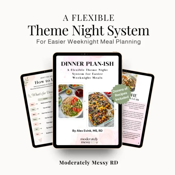 Three digital ipads showing the cover photo of the dinner plan-ish theme night meal system as well as other pages from the digital e-book.