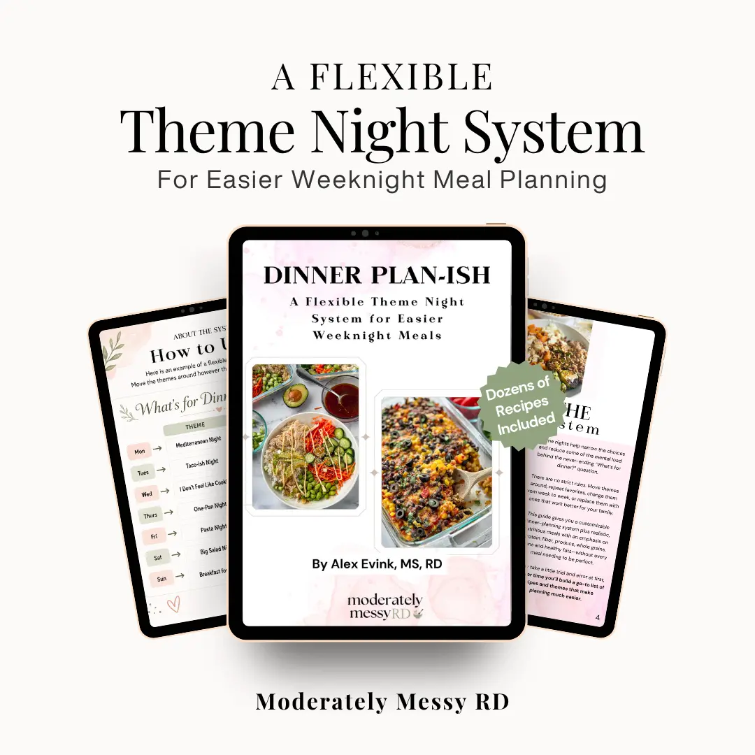 Three digital ipads showing the cover photo of the dinner plan-ish theme night meal system as well as other pages from the digital e-book.