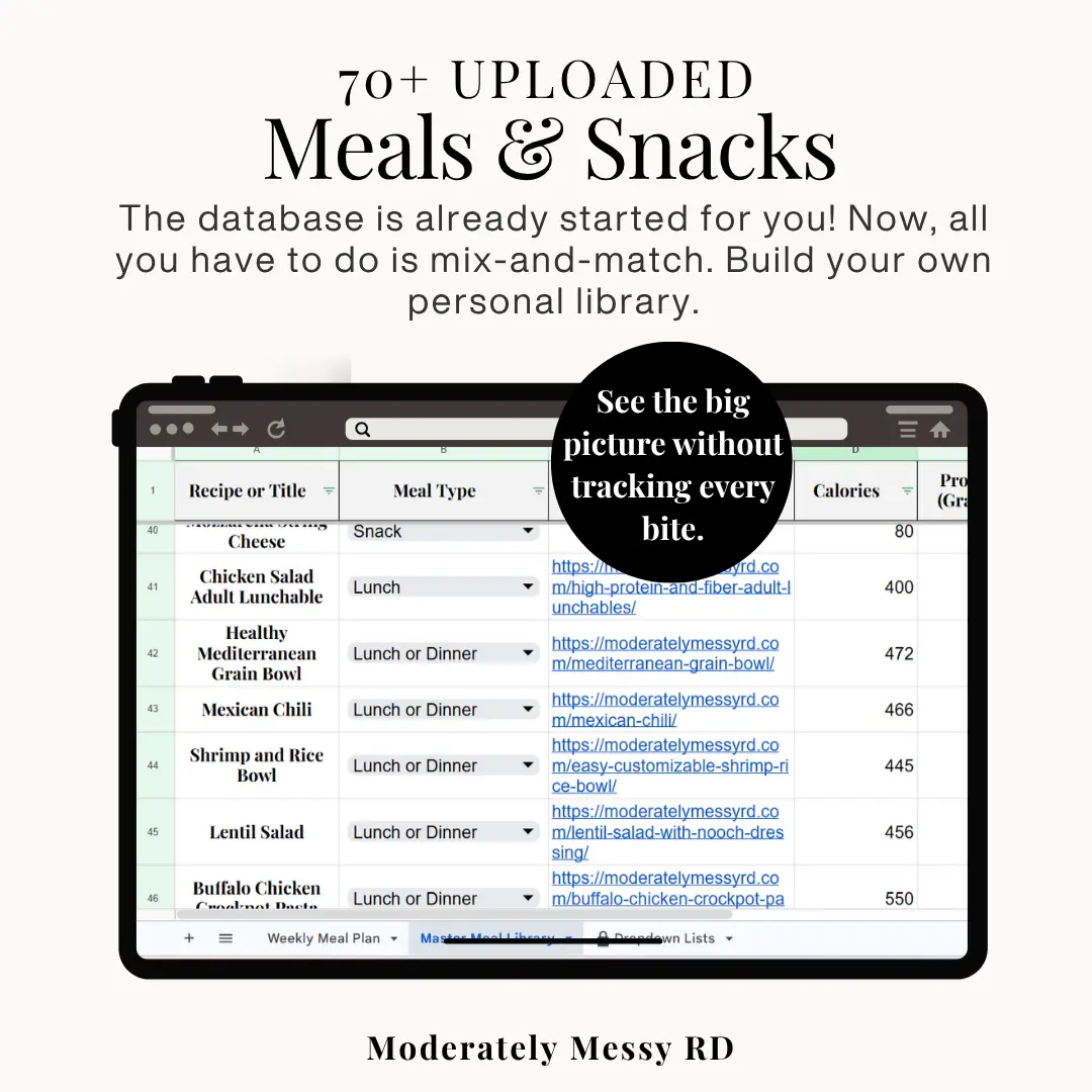 An ipad showing 10 different meals already uploaded into the meal library.