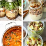 A collage of four meal prep fall recipes: maple balsamic salad jars with sweet potatoes, apple crisp breakfast jars, pumpkin curry and salted caramel apple overnight oats.
