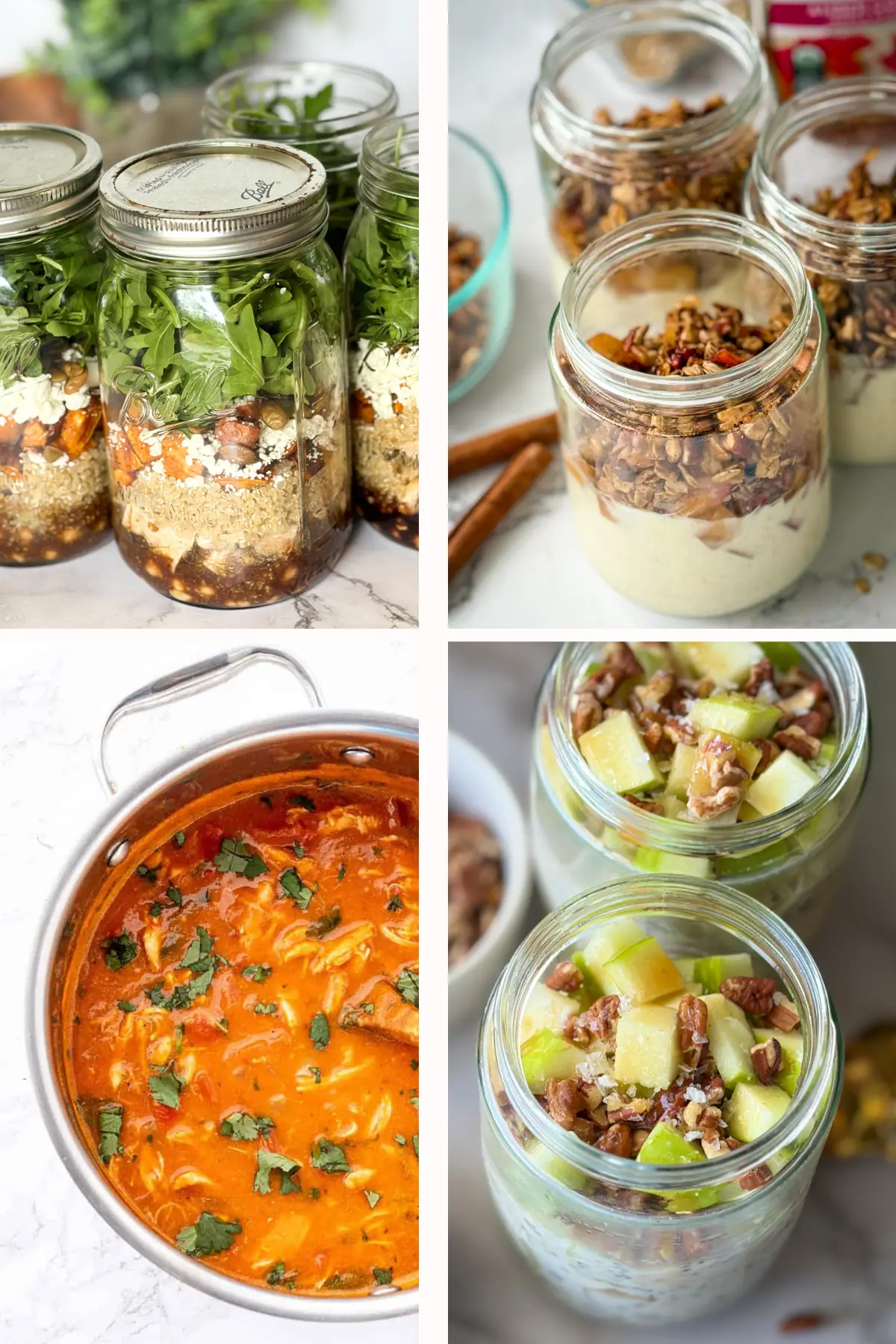 A collage of four meal prep fall recipes: maple balsamic salad jars with sweet potatoes, apple crisp breakfast jars, pumpkin curry and salted caramel apple overnight oats.