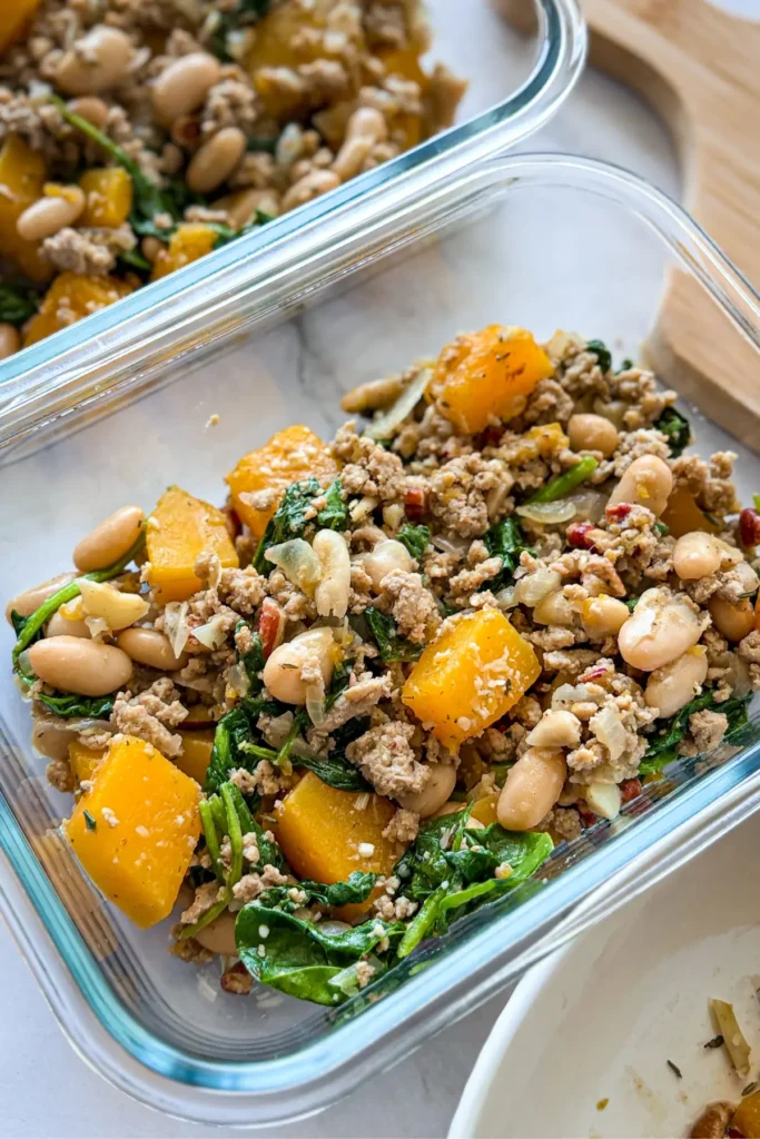 Maple. sage and butternut squash ground turkey in meal prep containers.